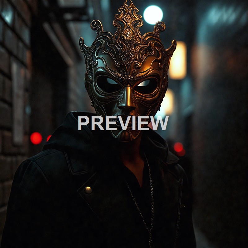 A person wearing an intricate, metallic, gold and black mask with elaborate carvings and a fierce expression, standing in a dimly lit urban alleyway at night.